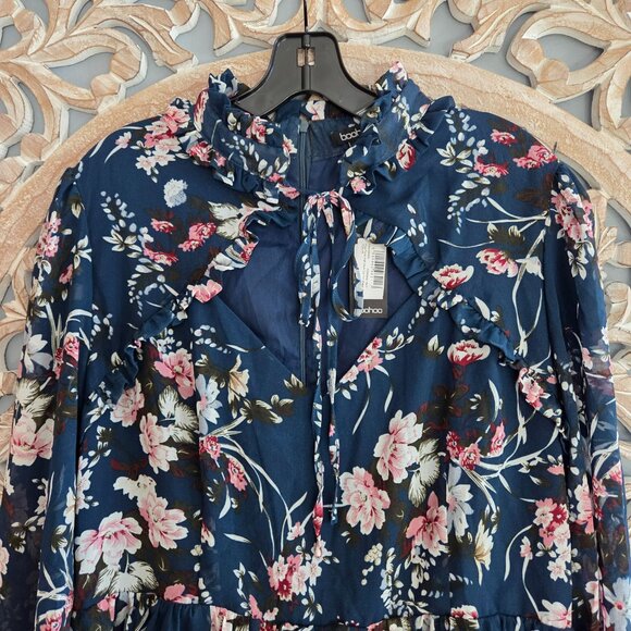 Boohoo Floral Dress Size 18 Blue Long Sleeve Tie Neck Ruffle A Line Cottage NWT - Picture 3 of 12